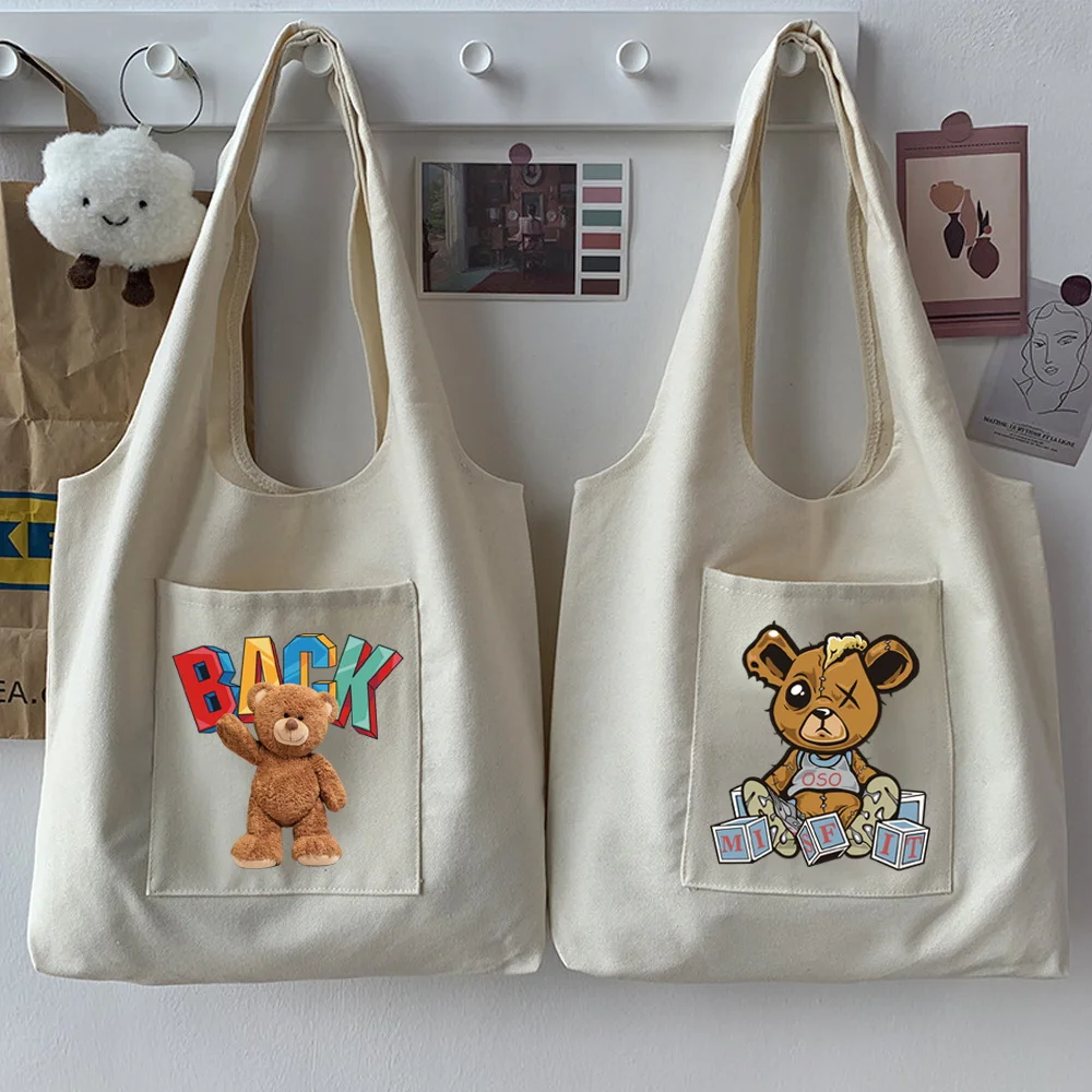 

Handbag Woman Supermarket Shopping Bag Commuter Bag Shoulder Bag Cartoon Bear Pattern Print Beige Canvas Bag Tote Bag Fashion