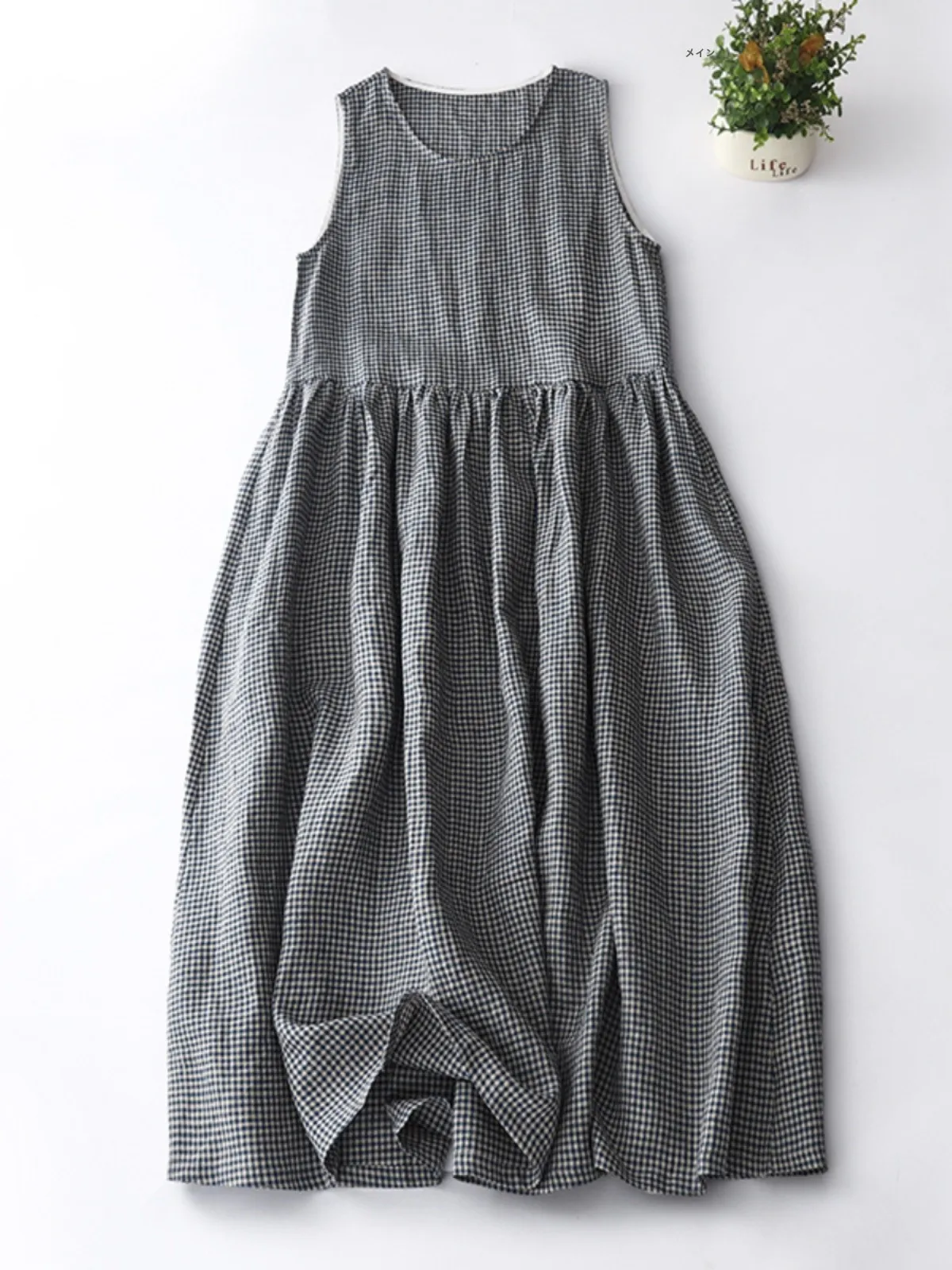 Japanese Style Artistic Slimming Cotton Linen Dress Large Skirt Sleeveless Casual Long Dress Grid Pattern Summer Women's Dress