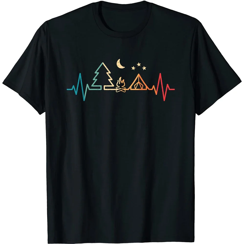 Retro Camping Outdoor Heartbeat Nature Camper Hiking T Shirts Wildlife Streetwear Short Sleeve Mountain Gifts T-shirt