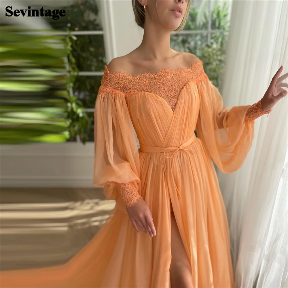 

Sevintage Hearty Orange Chiffon Prom Dresses Lace Boat Neck Long Puff Sleeves Belt Formal Dresses Slit Floor Length Party Growns