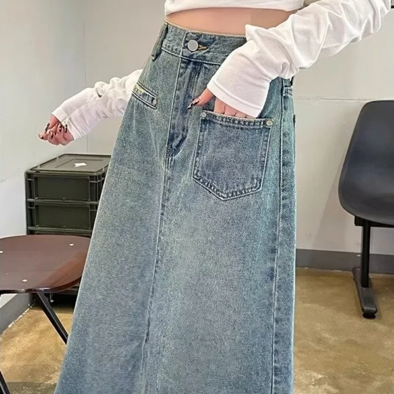 Saias femininas cintura alta fenda borla design a linha zíper bolso midi denim ulzzang na moda all-match temperamento lazer verão
