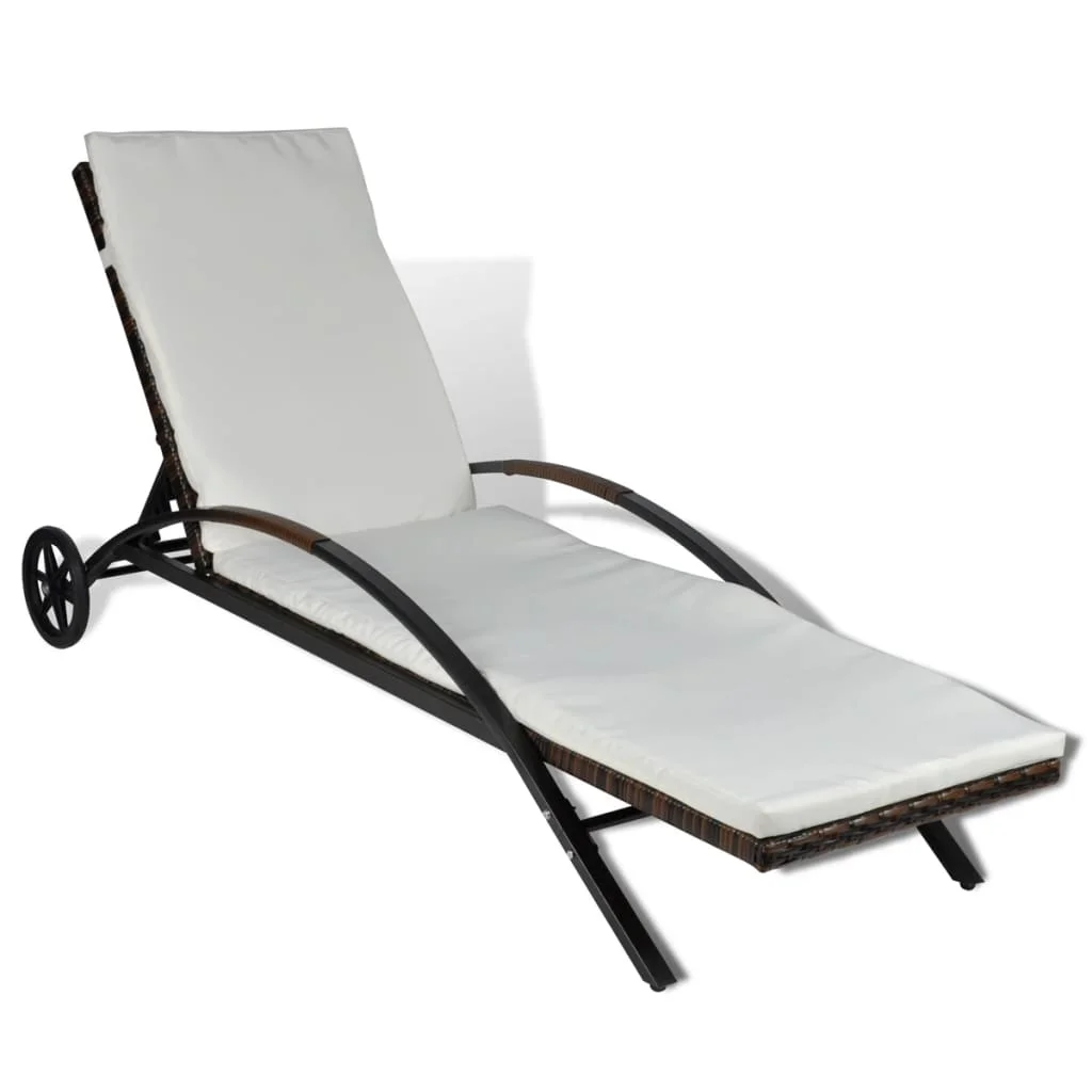 Outdoor Patio Garden Sun Lounger Lounge Chairs Pool Outside Deck with Cushion & Wheels Poly Rattan Brown