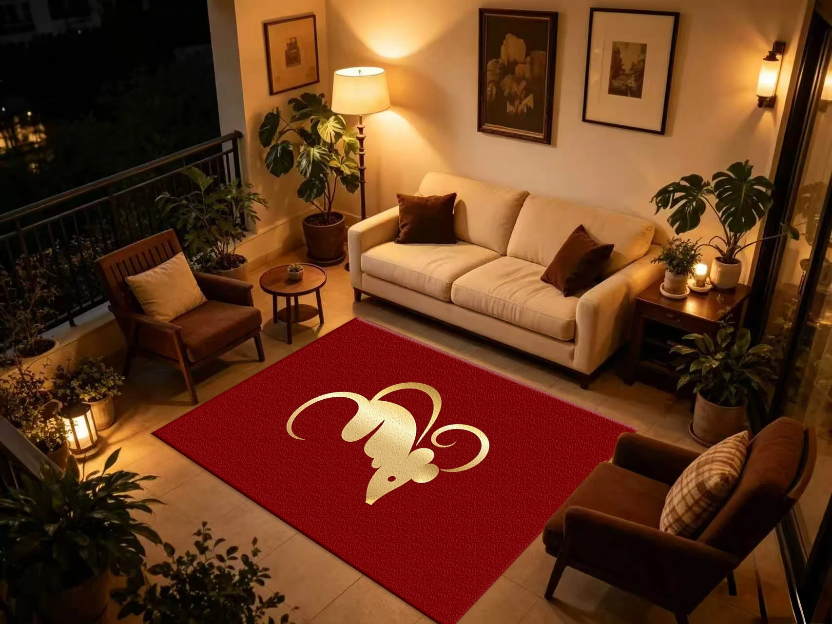 Golden Chinese Zodiac Rat Art Carpet Flooring, Luxury Golden Red Non-Slip Area Rug for Home Living Room Bedroom Floor Decor