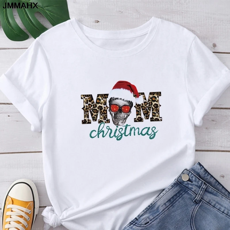 عيد الميلاد المطبوعة المرأة تي شيرت أزياء عارضة قصيرة الأكمام المرأة الأبيض أعلى تي شيرت