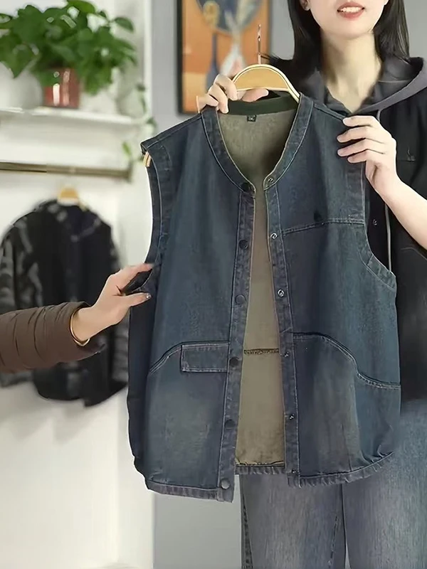 Authentic Spring Autumn Washed Denim Sleeveless Vest Women Casual Versatile Top Polyester Fiber Loose Fit Regular Length