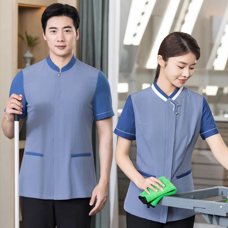 

Новая униформа для уборки отеля с коротким рукавом, летний воротник соответствующего цвета, униформа для уборки отеля, административный офис, пол, собственность