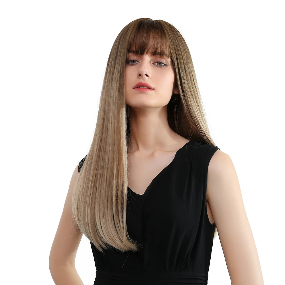 Element Long Straight Ombre Brown Synthetic Hair Wigs with Bangs for Black White Women Cosplay Party Daily Use Heat Resistant