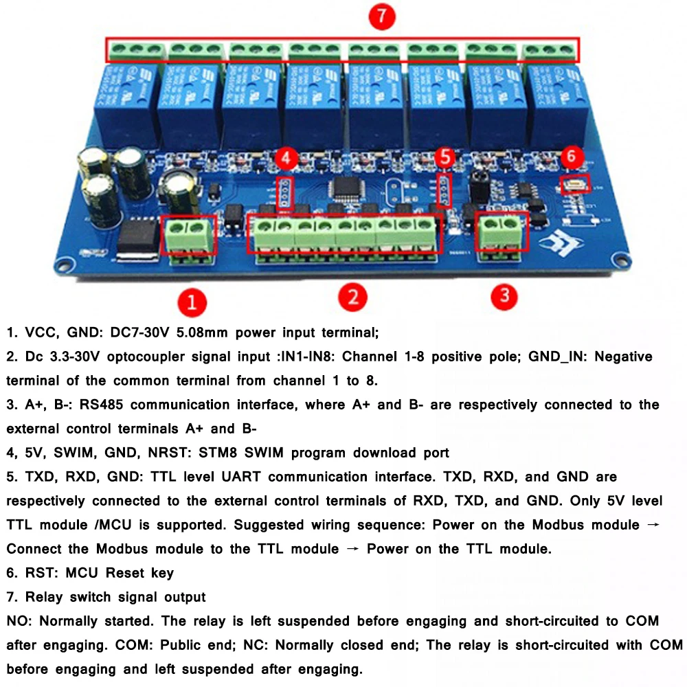 

DC7-30V Modbus RTU 8 Channel Relay Module RS485/TTL UART 8-channel Input and 8-Channel Output with Relay Switch Indicator Light