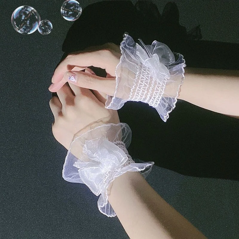Lolita Loli słodkie mankiety na nadgarstek z fałszywym rękawem modna kokardka siateczkowa tiulowa koronkowe rękawiczki dla dziewcząt ślubna bransoletka na imprezę opaska na rękę