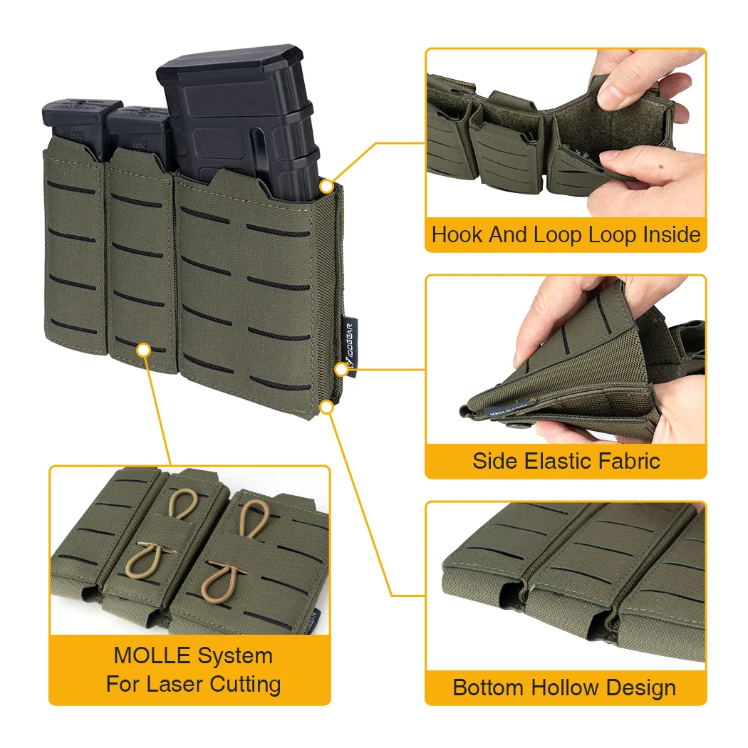 IDOGEAR Tactical Triple Mag Pouch Mag Carrier 9mm 5.56 Molle Pouch Laser Cut MC 3586