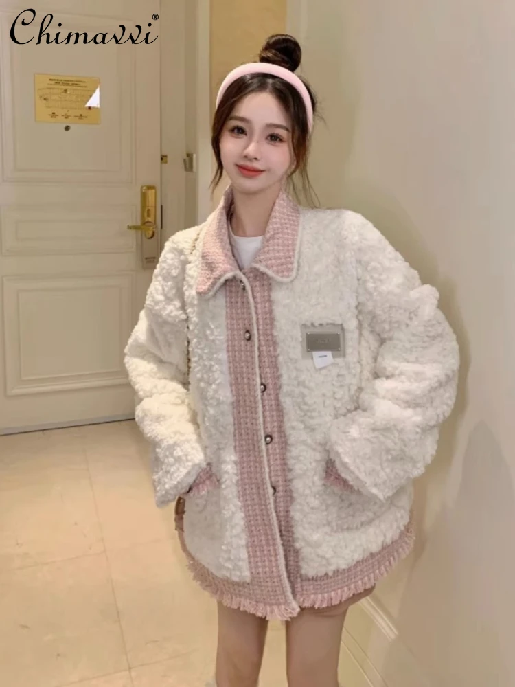 

Sweet Cute Pink Wool Women's Slimming Coat 2023 Autumn and Winter Fashion Gentle Lapel Long Sleeve Loose Cotton Coat