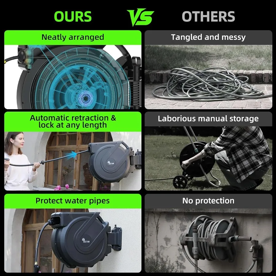자동 회전식 정원 호스 릴 1/2 x 130피트, 7가지 패턴 노즐 포함, 야외 마당 관개용, 길이 조절 가능 잠금 기능