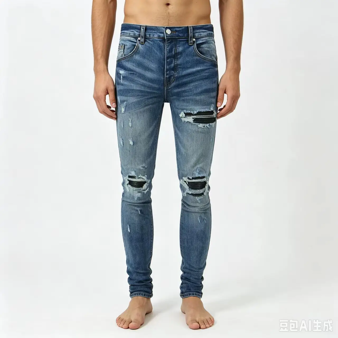 Fashionable new men's jeans elastic slim fit perforated patch blue jeans hip-hop brand washed nostalgic pants y2k