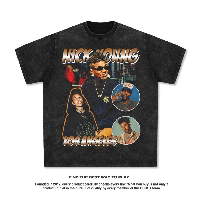 نيك يونغ كرة القدم الأمريكية قميص الشارع الهيب هوب شيك خمر طباعة صنع قديم غسل القطن الثقيل قصيرة الأكمام Ins Y2k الساخن بيع