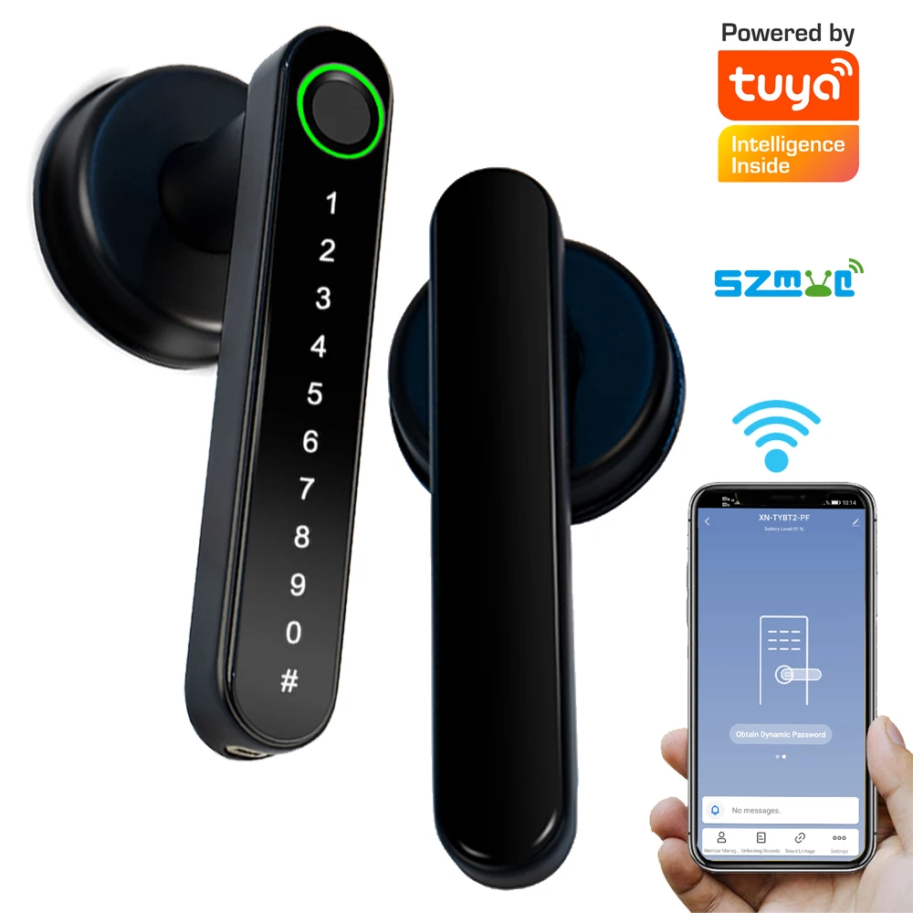 SZMYQ Smart Apartment Home BLE Door Handle Smart Lock with 60/70mm Latch Keys Tuya APP Remote Electronic Fingerprint Handle Lock