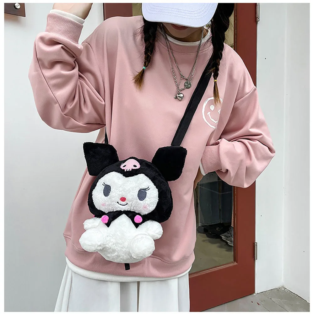 Sanrios Kawaii Plush Cartoon Kuromi Girl Shoulder Bag Anime Plushie Messenger Bag Keys Coin Purse Handbag Girl Doll Toy Gift