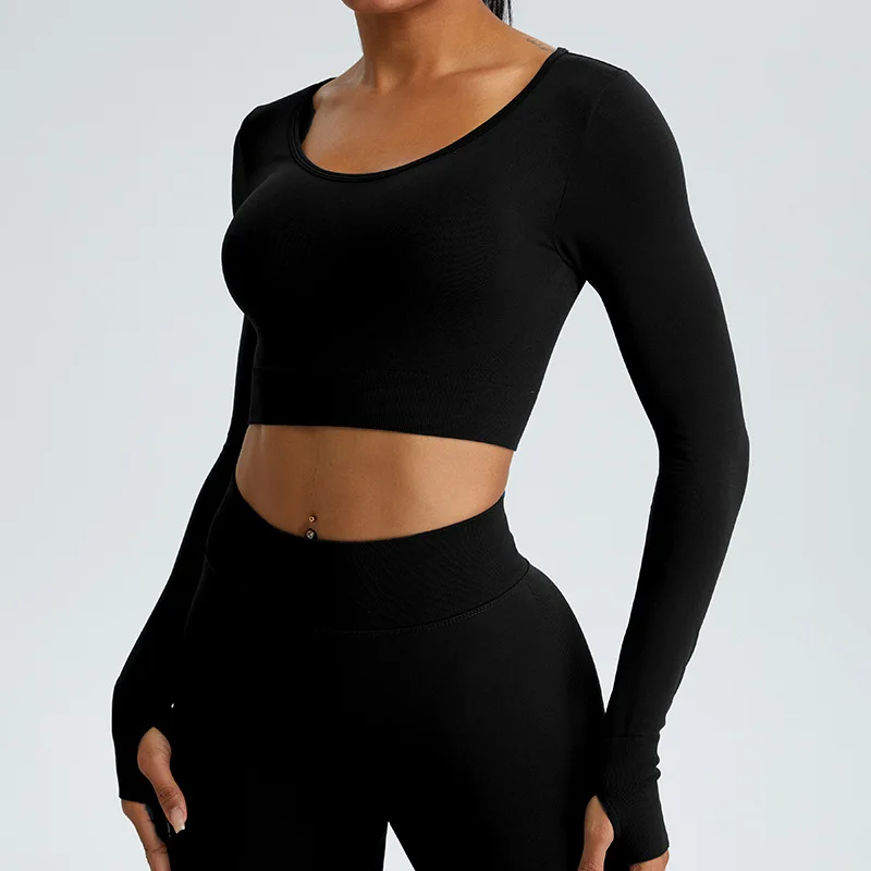 Seamless Women Crop Top Yoga T-shirts Solid Sports Top Long Sleeve Running Shirts Exposed Navel Quick Dry Fitness Gym Sport Wear