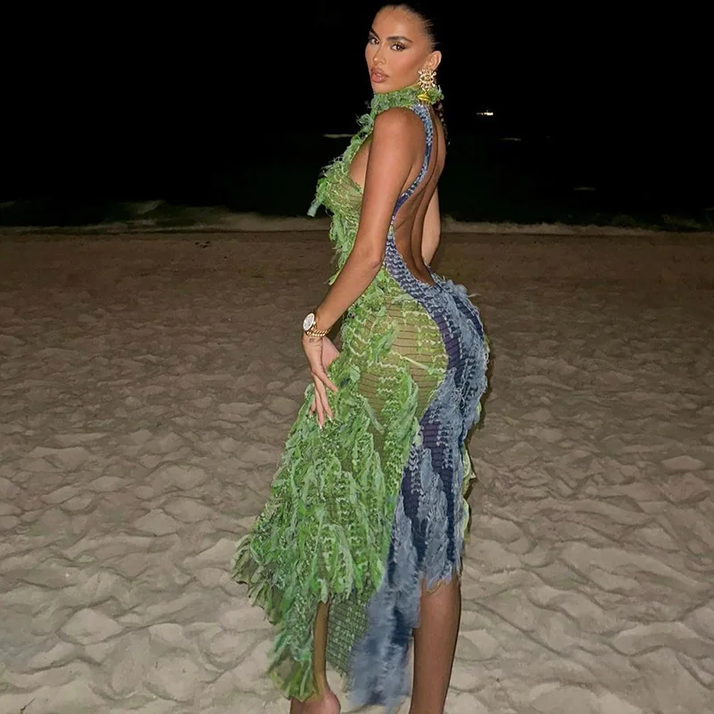 Sexy Quaste Durchsichtiges Patchwork Langes Kleid Damen Neckholder Rückenfrei Ärmellos Unregelmäßig Olivgrün Kleider Abschlussball Party Gala Neu