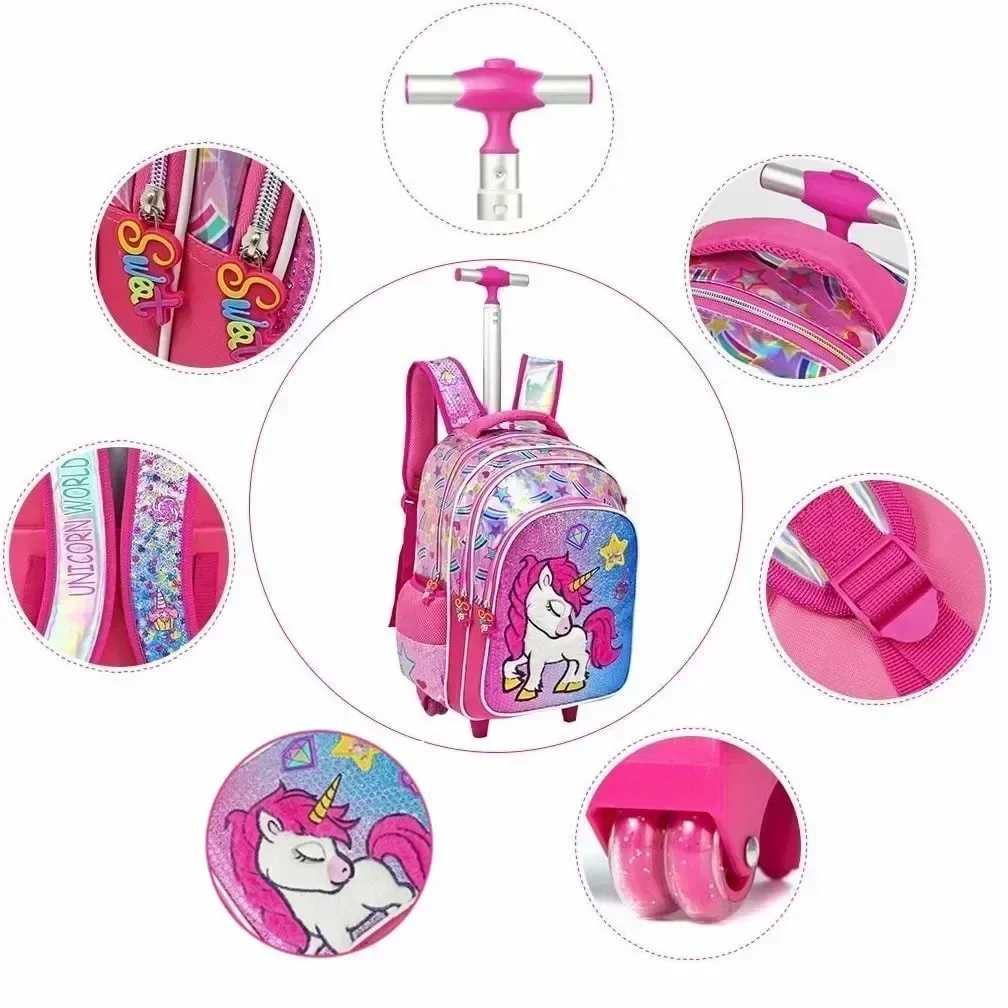 Student Bags for Girls with Wheels for Boys Kids Lovely School Bag Trolley Bookbag Carry on Luggage with Lunch Box Bags 3PCS