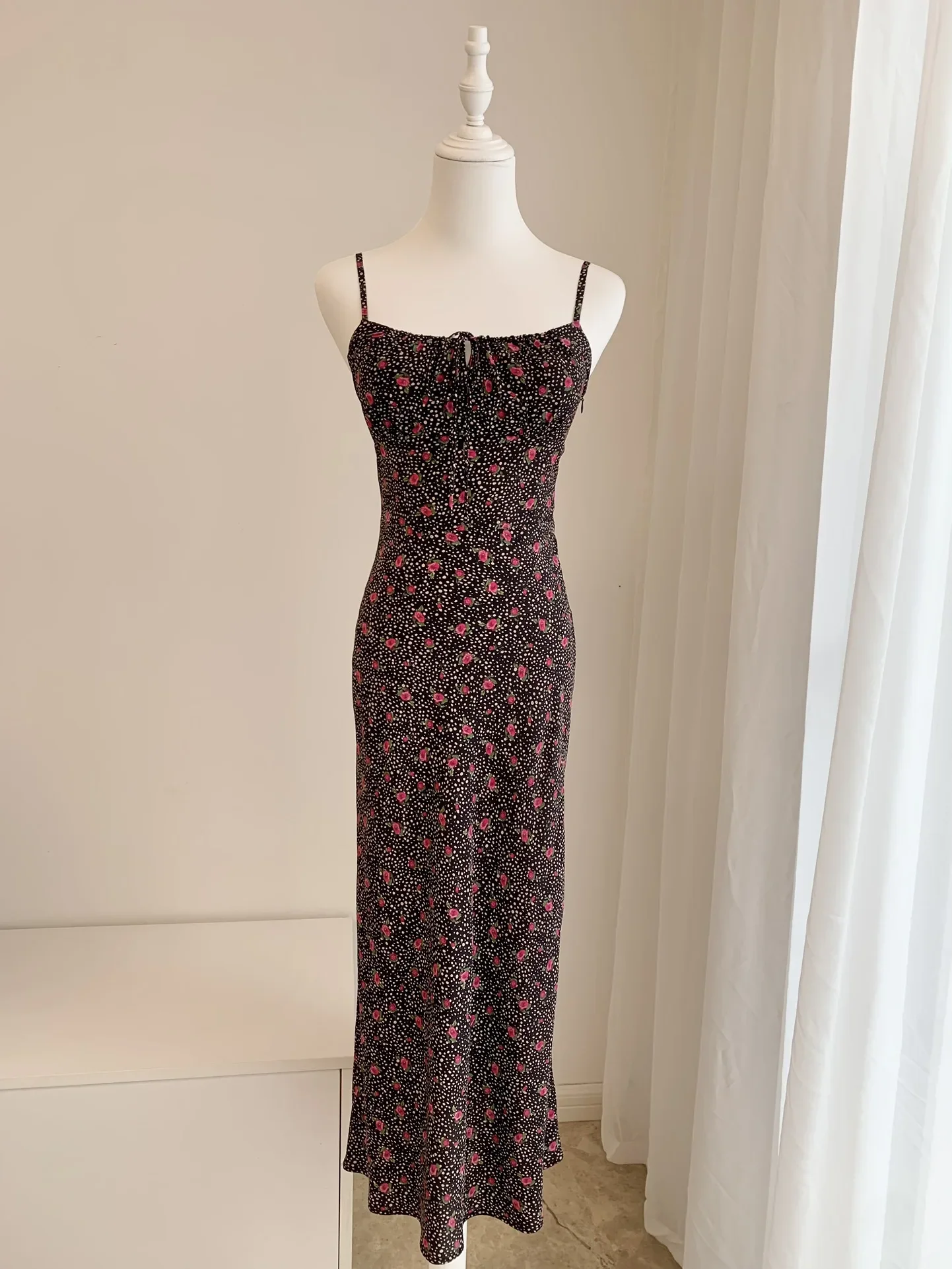 

Flower Printed Women's Strapless Robe 100% Silk Sleeveless Elegant Slim Ladies Midi Dress