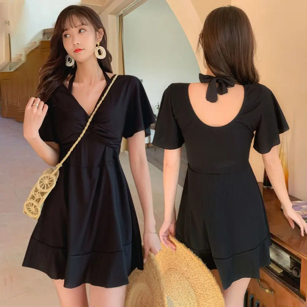 

Casual Safety Pants Halter Skirt Swimsuit Short Sleeve Pleated Bathing Swimwear Suit Beachwear Hot Spring Swimwear Summer