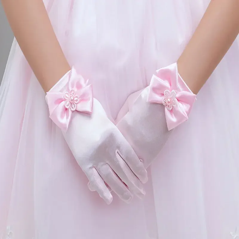 Guantes con lazo para niña, mitones de fiesta encantadores, accesorios de vestido de ceremonia y comunión, guantes de fiesta de noche de ópera para