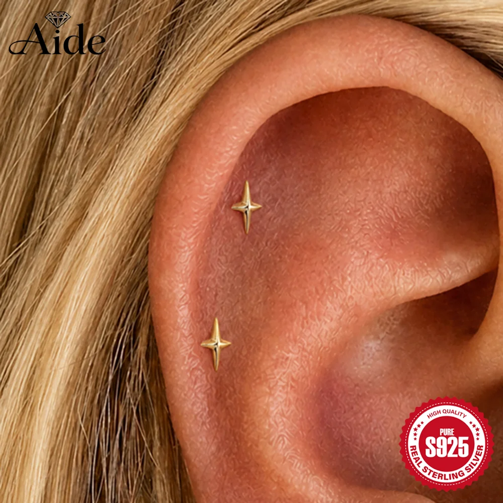 AIDE 1Pc 925 Sterling Silver Glossy Quadrangular Star Women's 16G Cartilage Helix Internal Thread INS Birthday Fine Jewelry