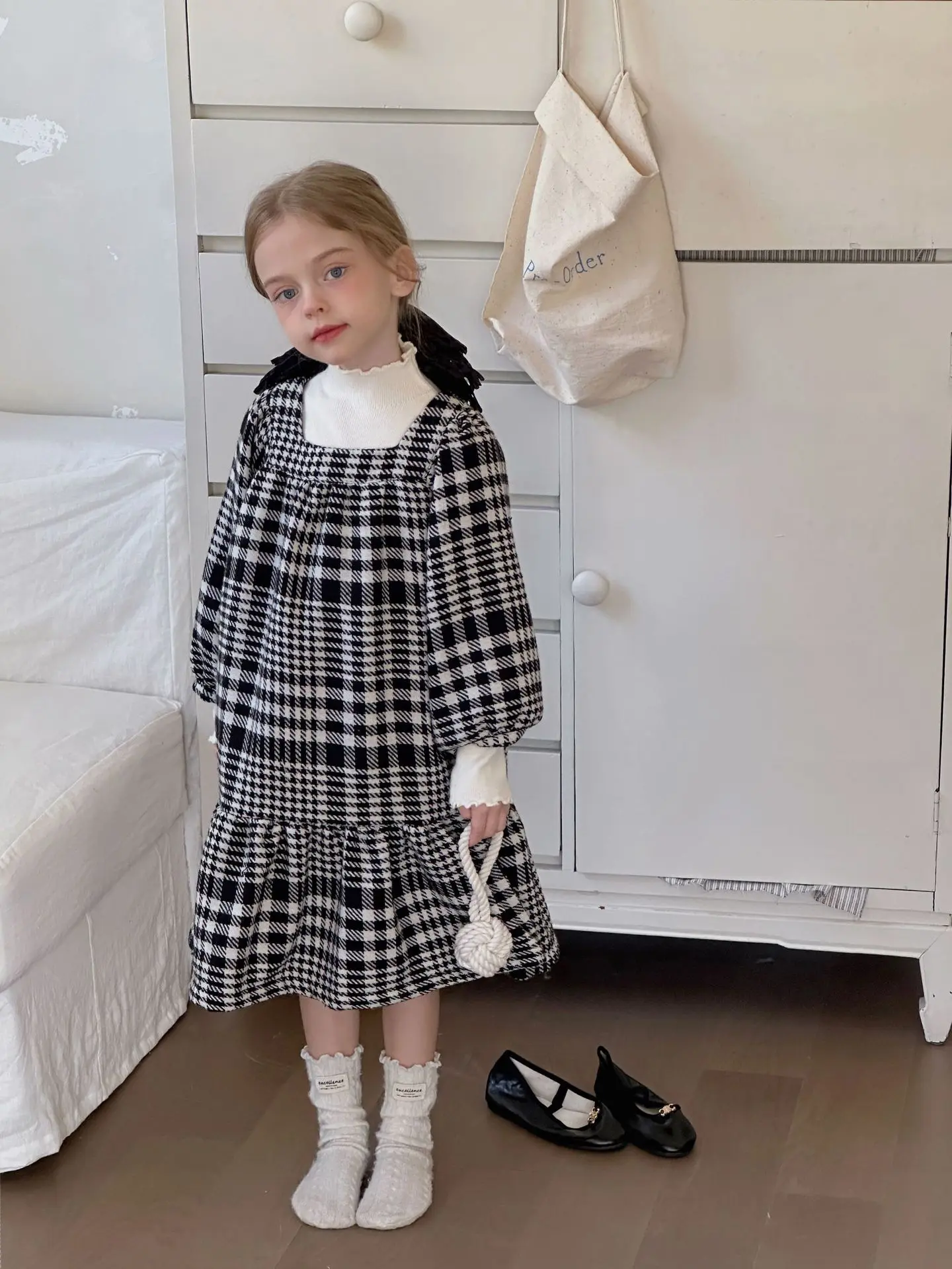 2 To 11 Years, Woolen Children Girl Dress Black Clothes Winter Autumn Preteen Dress Square Collr Puff Sleeve Fall Dresses 2025