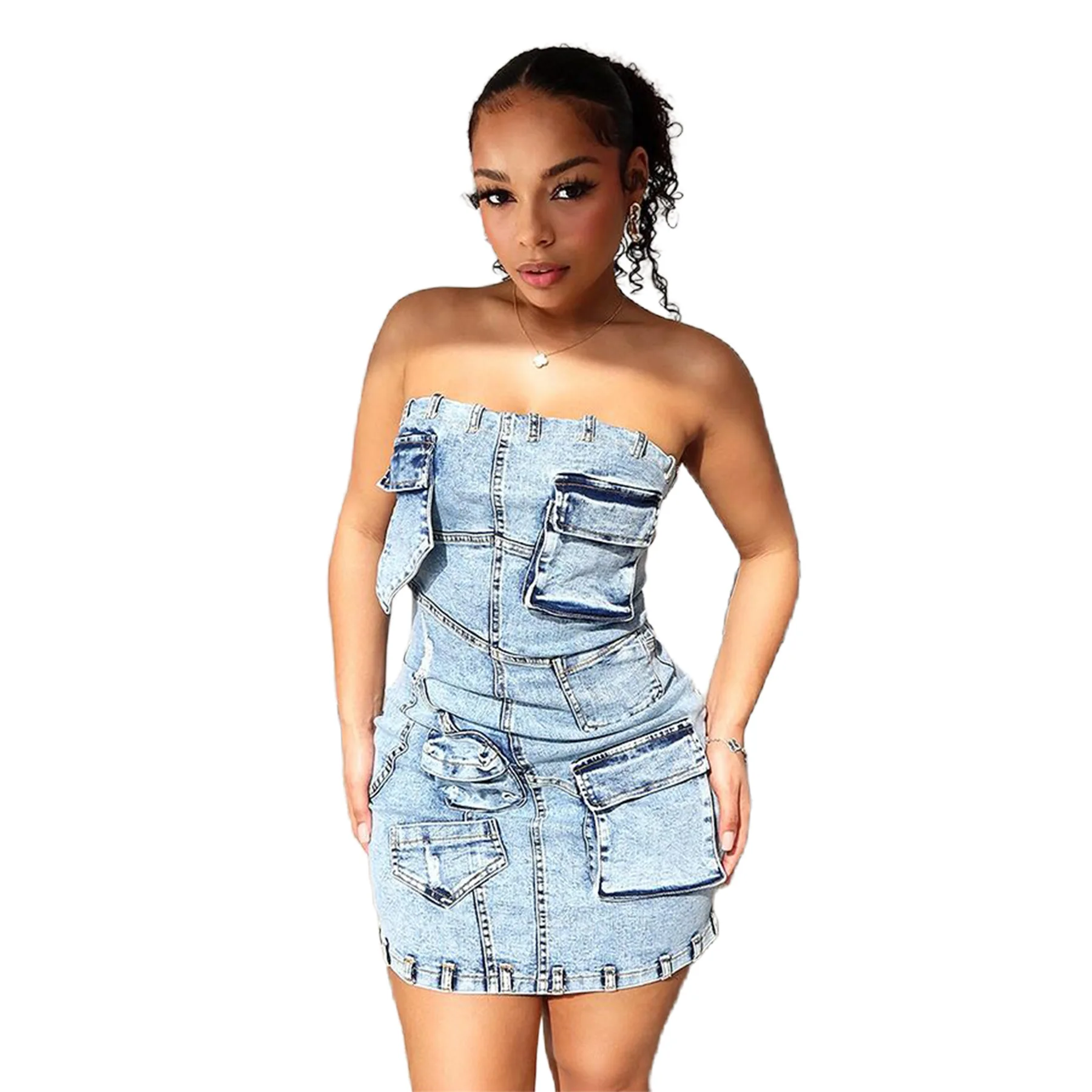 Women'S Dress Fashion Slim Fit Multi Pockets Sleeveless Strapless Denim Dress Streetwear Casual Lady Tight Tube Top Jeans Dress