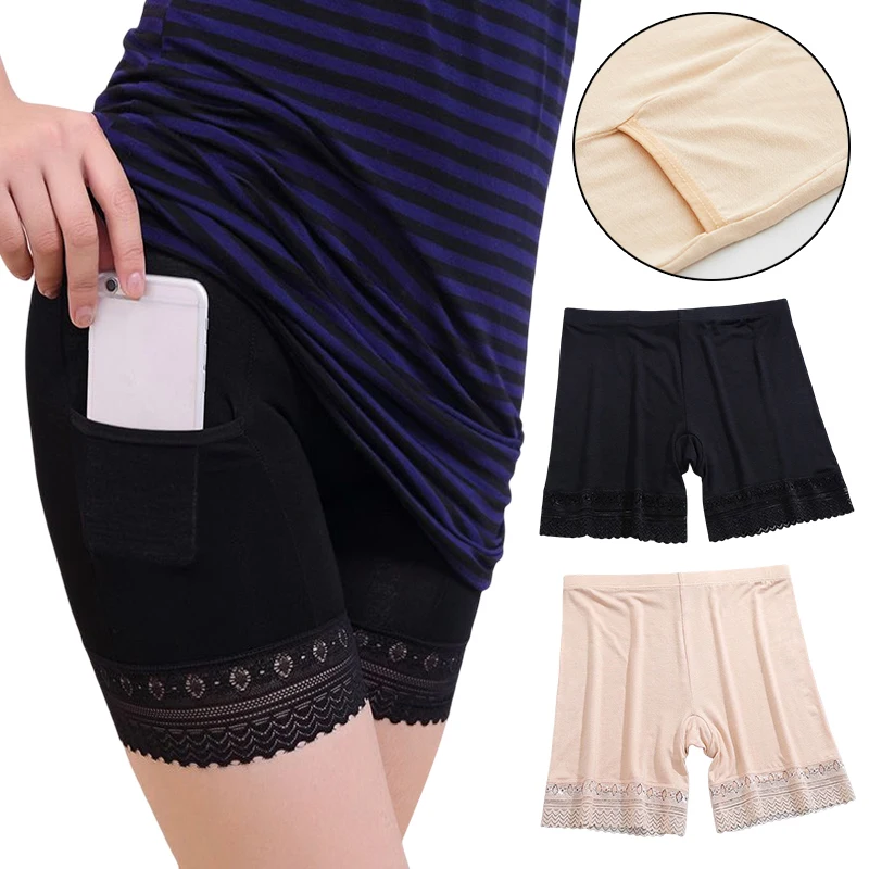 1Pc Women Cotton Safety Lace Anti-Theft Pants With Pockets High Waist Large Size Soft Breathable Briefs Simple Safety Pants