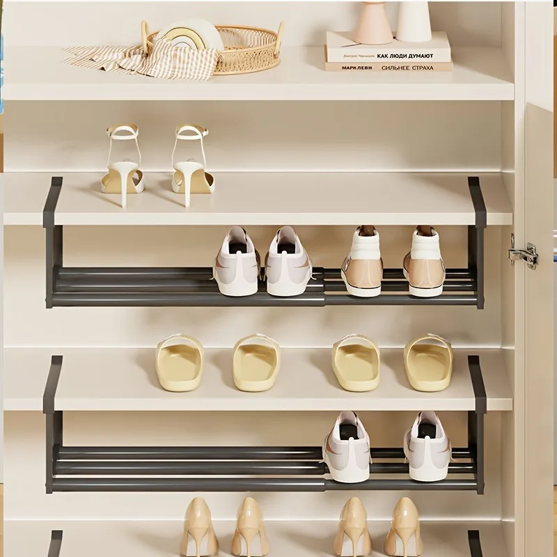 Iron Adjustable Shoe Shelf Cabinet Shelving Made From Sturdy Features Multi-tiered Shoe Rack Hangs Below Requiring No Drilling
