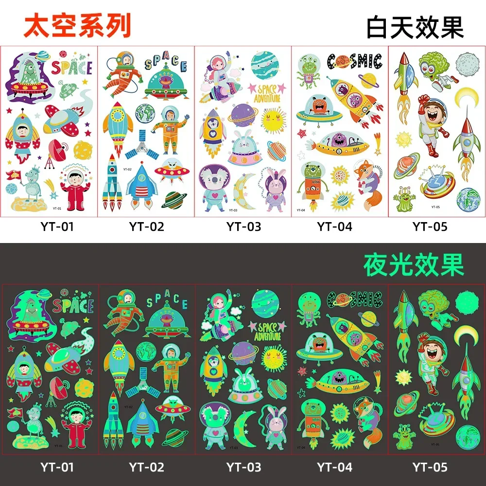 5pcs/lot Luminous Temporary Tattoos for Boys Kids Dinosaur Truck Pirate Shark Glow in The Dark Fake Tattoos for Hands Leg Body