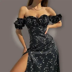 Spring Summer New Women's Clothing Sexy Off Shoulder Puff Sleeve Waist Slit Floral Dress Fashion Long Dress