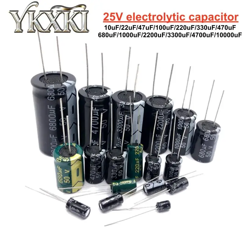 10 ~ 50PCS 25V Capacitor eletrolítico de alumínio 10uF/22uF/47uF/100uF/220uF/330uF/470uF/680uF/1000uF/2200uF/3300uF/4700uF/10000uF