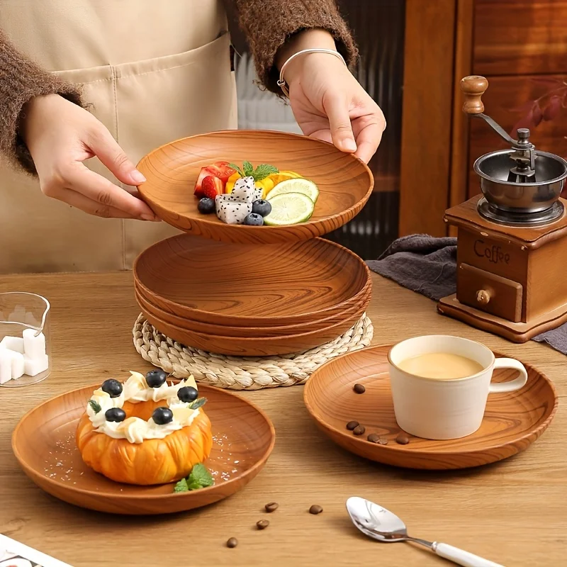 

Cross Border Wood Grain Round Plate Dish Plate for Home Fruit Dessert Coffee Cake Plastic Tray
