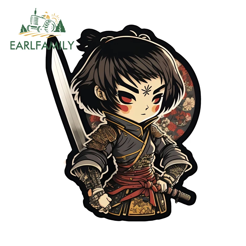EARLFAMILY Retro Samurai Girl With Short Hair Car Stickers Kawaii Style Cartoon Graphics Laptop Decals Waterproof Car Styling