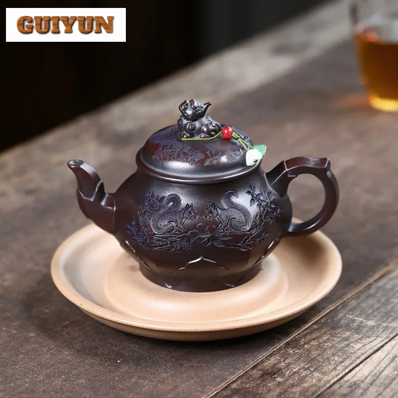 

310ml Yixing Purple Clay Teapots Handmade Hexagonal Squirrel Pot Raw Ore Antique Brass Mud Kettle With Infuser Zisha Tea Set
