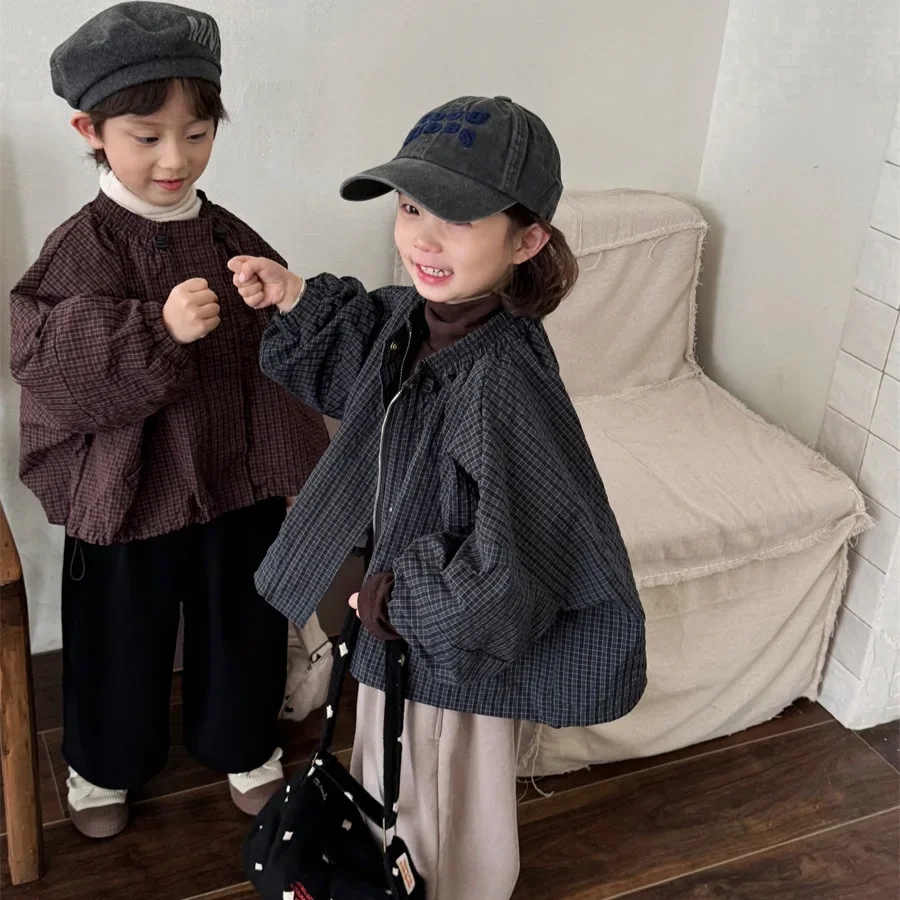 Children Clothes Kids Casual Coat 2024 Autumn New Loose Plaid Solid Color Short Fashionable Long Sleeve Casual Simple Jacket