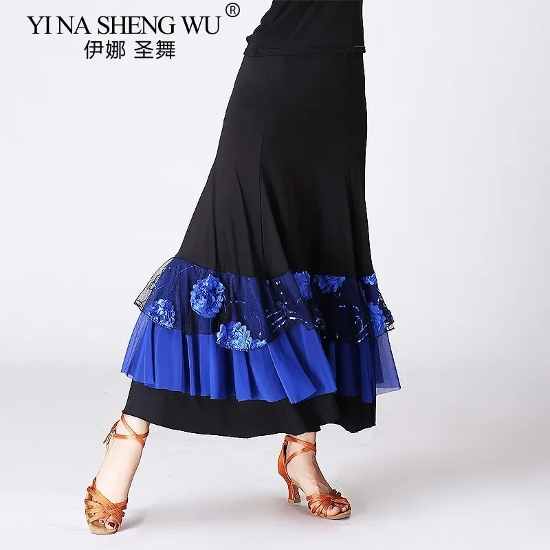 Women Flamenco Skirt Ballroom National Standard Dance Practice Dress Adult Modern Dance Tango Flower Embroidery Ruffle Skirt