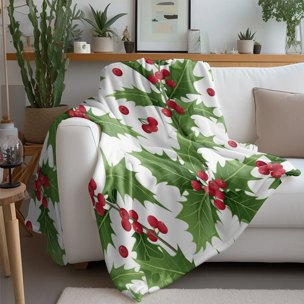 TU Festive Holly Berry Throw Blanket Cozy Christmas Decor Holiday Home Accent Warm Soft Plush Bedspread Couch Cover Gift