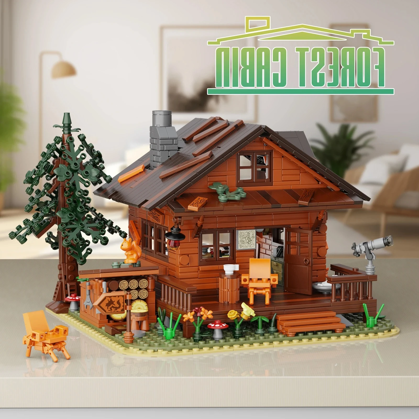 1077 قطعة مكعبات بناء كابينة الغابات مع أضواء LED، مشهد ليلي مريح نموذج منزل ألعاب البناء الإبداعي للبالغين والمراهقين