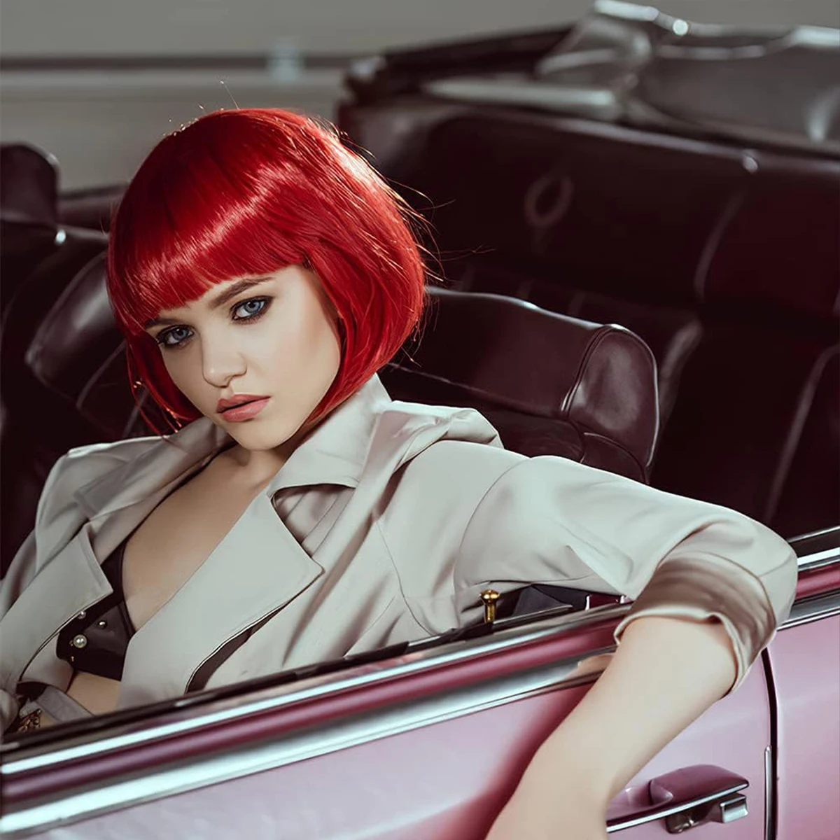 

12 Inch /30 cm Fashion Lady Short Straight Synthetic Flat Bangs Bob Wig (Red)