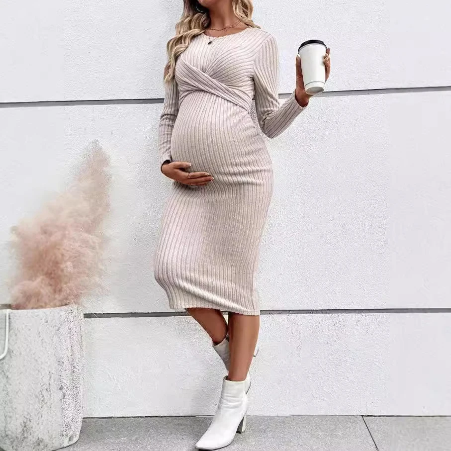 

Maternity Dress Long Sleeve Pregnancy Dresses Autumn Slim Elegance Close-fitting One-piece Streak Skirt Mother Clothes Pregnant