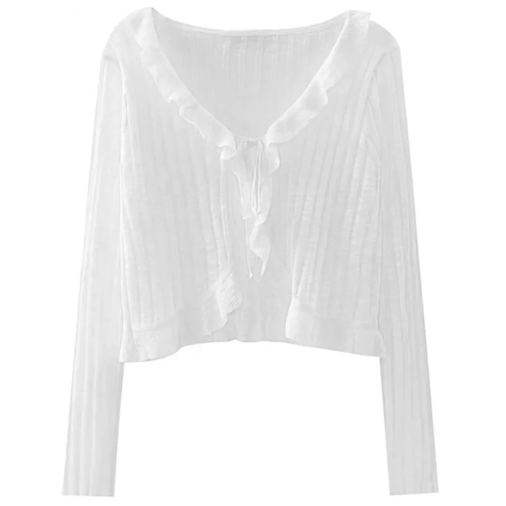 

Модный вязаный кардиган с рюшами и завязками спереди, V-образный вырез, длинный рукав, защита от солнца, тонкая верхняя одежда для женщин