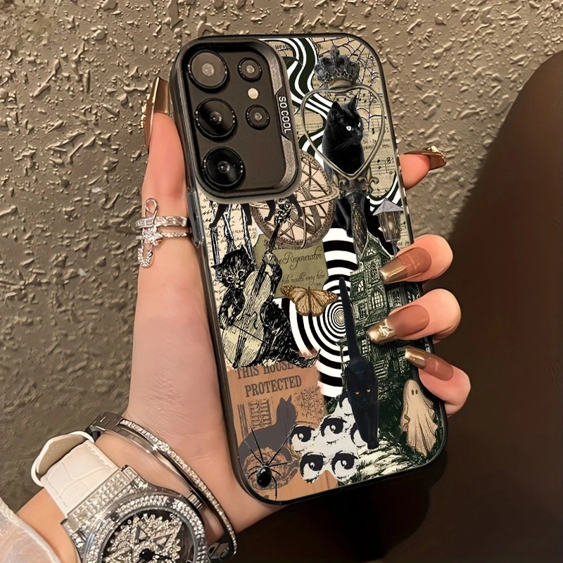 Diseño de patrón de Casa Encantada de murciélago y calavera de gato negro para iPhone 16, 15 14 13 12Pro Max, funda especial para teléfono, tendencia de moda