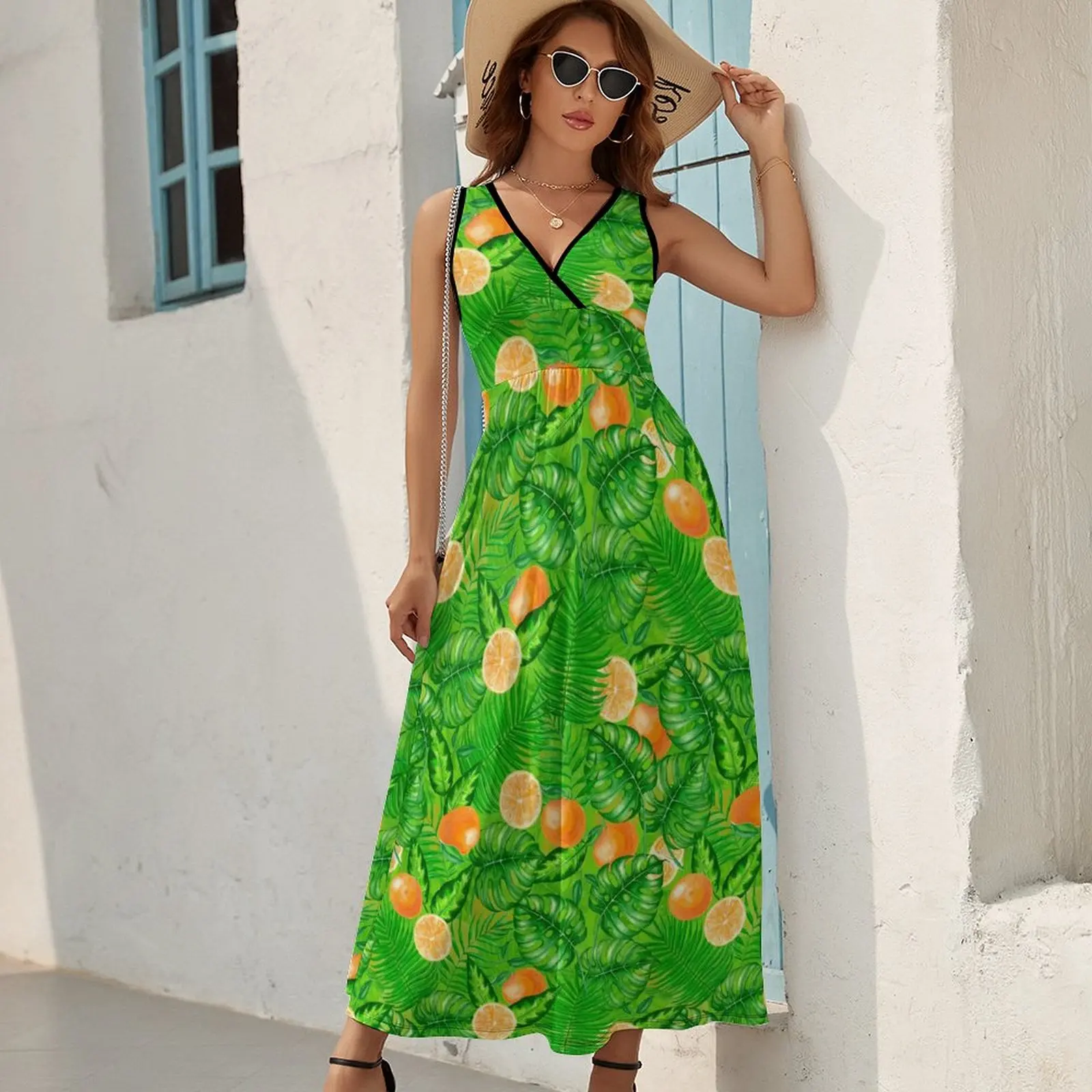 Fruit Print Dress Oranges And Tropical Leaves Vintage Maxi Dress Fashion Boho Beach Long Dresses High Waist Oversized Vestido