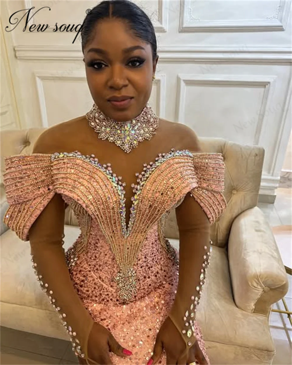 African Pink Beaded Cocktail Dresses Black Girls Off Shoulder Crystals Mermaid Prom Dress Customized Evening Dress For Party