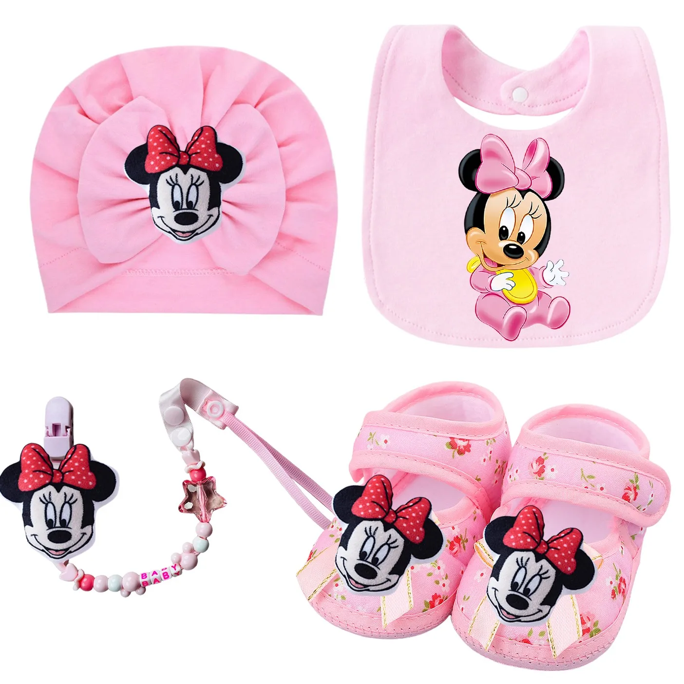 

Cute baby girl with a bib cap bow princess shoes headband baby pacifier chain bottom walking shoes 0-8 meters tall baby hat