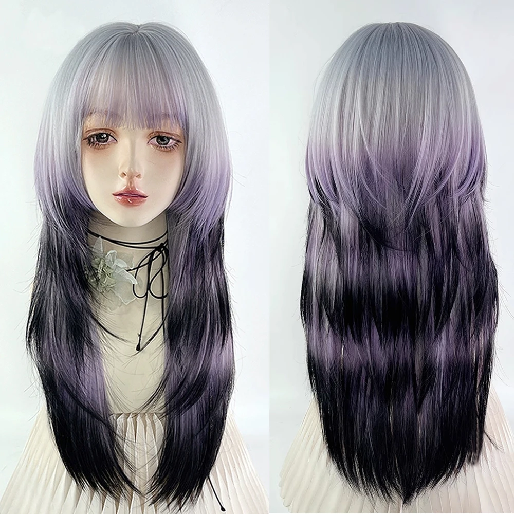 Synthetic Long Straight Grey Ombre Purple Black Jellyfish Head Wig Fluffy Lolita Cosplay Women Wig for Daily Party