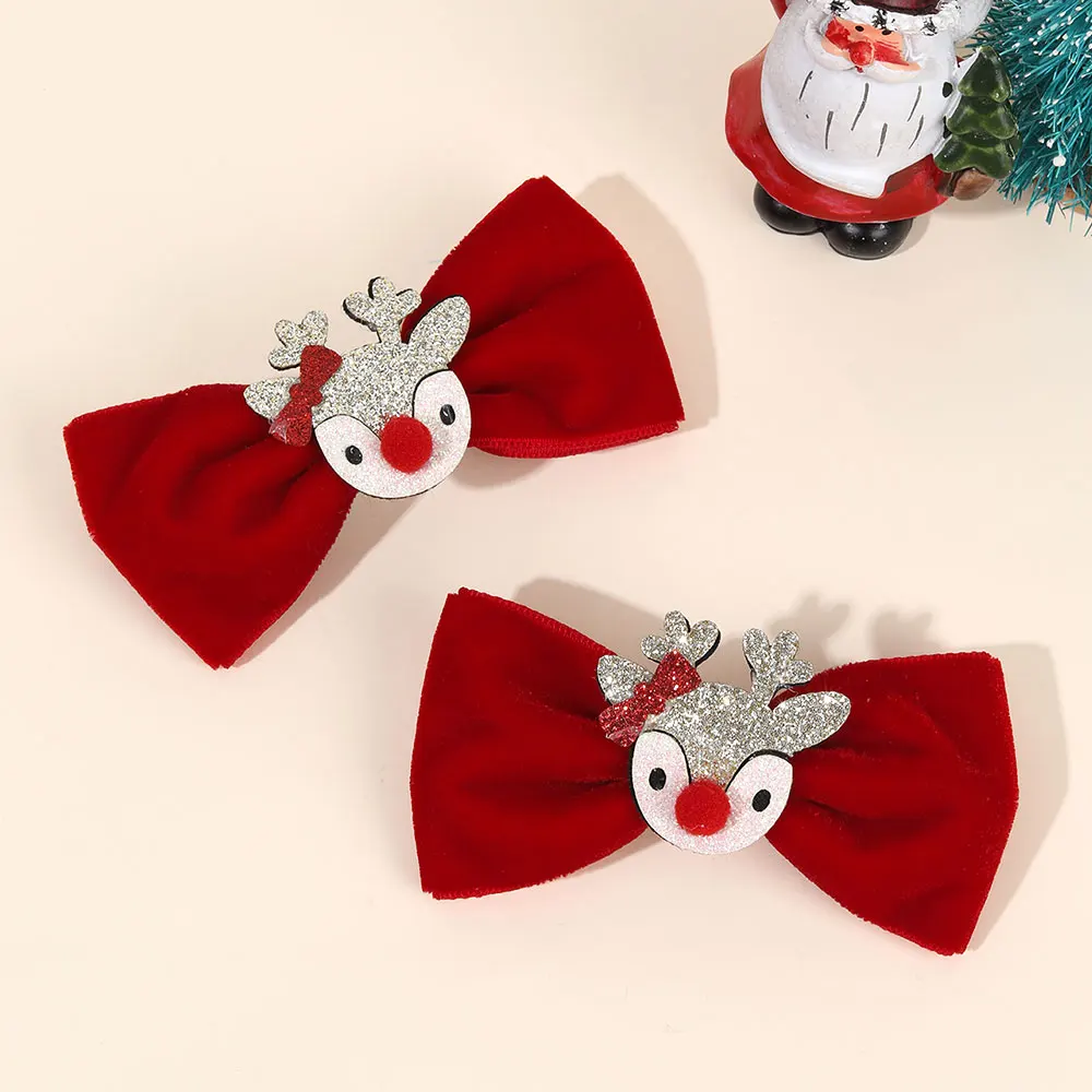 2PCS Velvet Hair Bow Ribbon Clip Glitter Christmas Elk Hairpin Headwear Jingle Bells Barrette Hairgrip Kids Hair Accessories